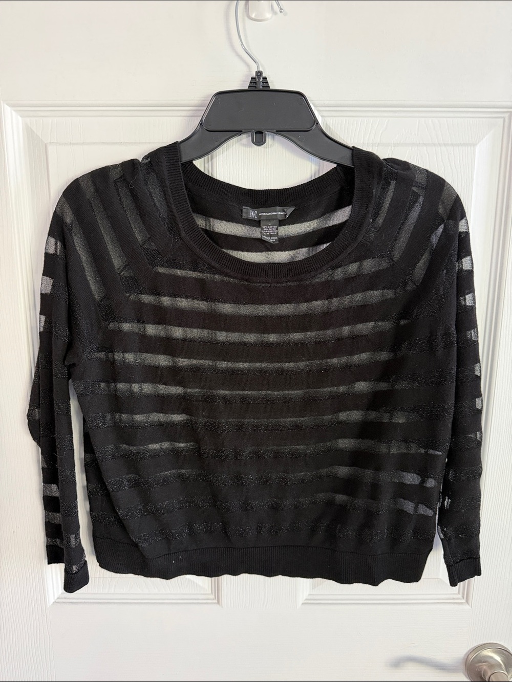 INC International Concepts Black Sheer Striped Long Sleeve Top